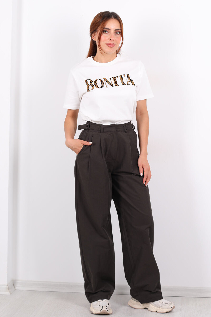 Yanları Tokalı Pileli Acı Kahve Kadın Palazzo Pantolon - 6