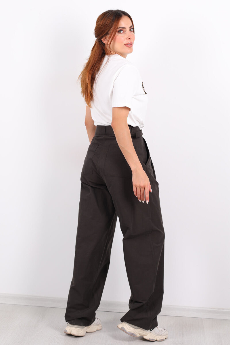 Yanları Tokalı Pileli Acı Kahve Kadın Palazzo Pantolon - 5