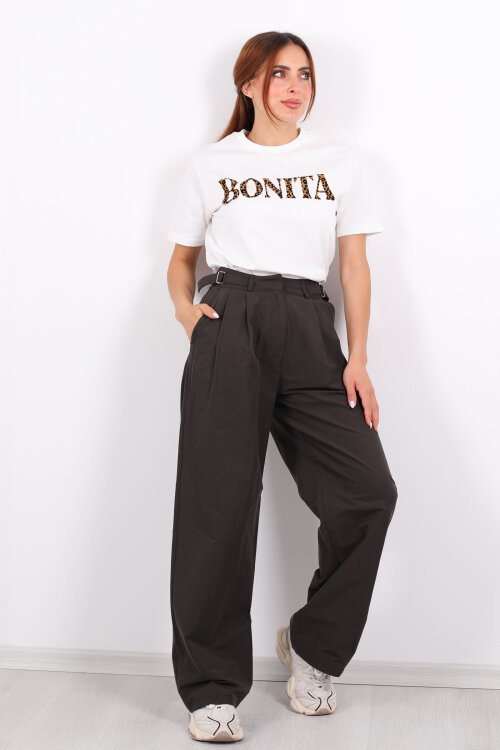 Yanları Tokalı Pileli Acı Kahve Kadın Palazzo Pantolon - Berox