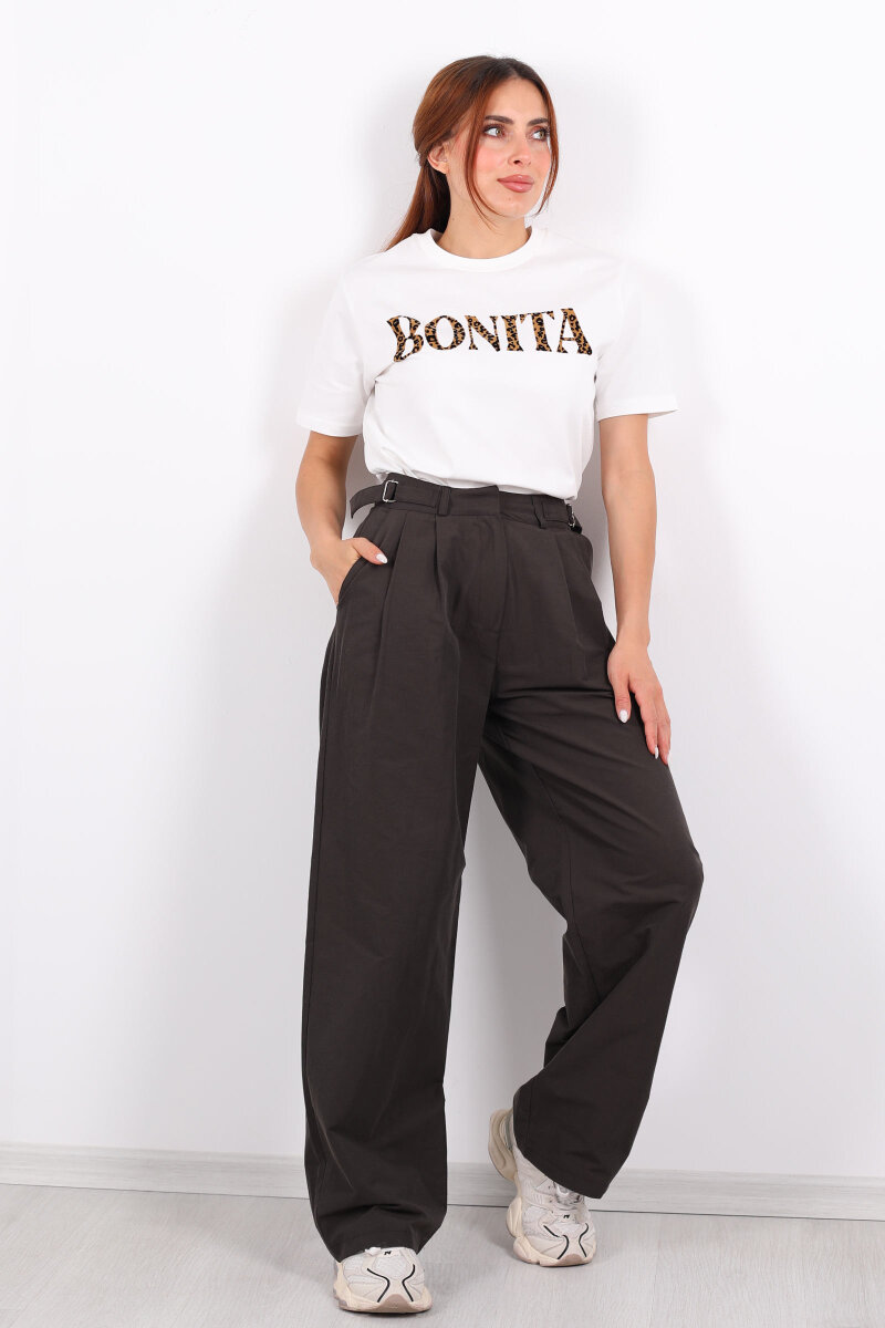 Yanları Tokalı Pileli Acı Kahve Kadın Palazzo Pantolon - 1