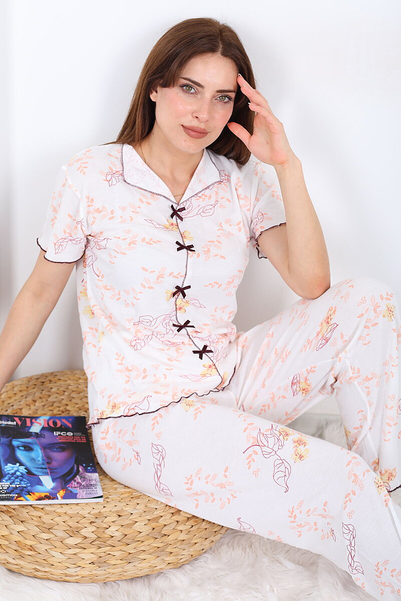 Yaprak Desenli Fiyonklu Turuncu Kadın Pijama Takımı - 1