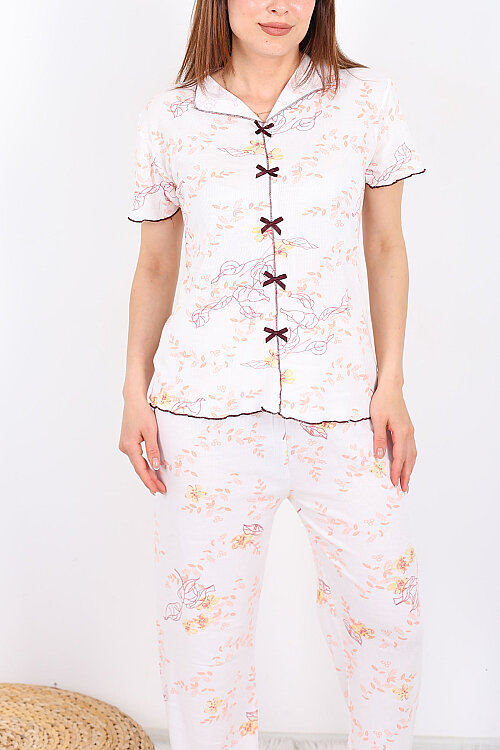 Yaprak Desenli Fiyonklu Turuncu Kadın Pijama Takımı - 2