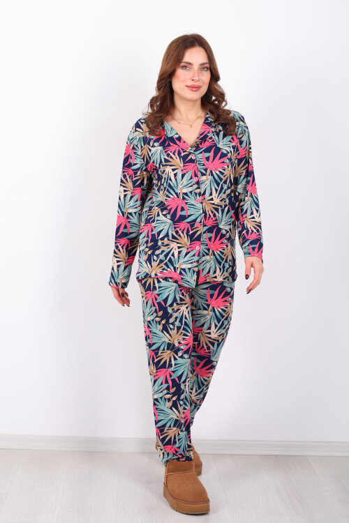 Yaprak Desenli Yeşil Kadın Gömlek Pijama Takım - 3