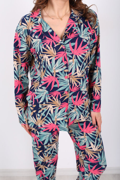 Yaprak Desenli Yeşil Kadın Gömlek Pijama Takım - Berox (1)