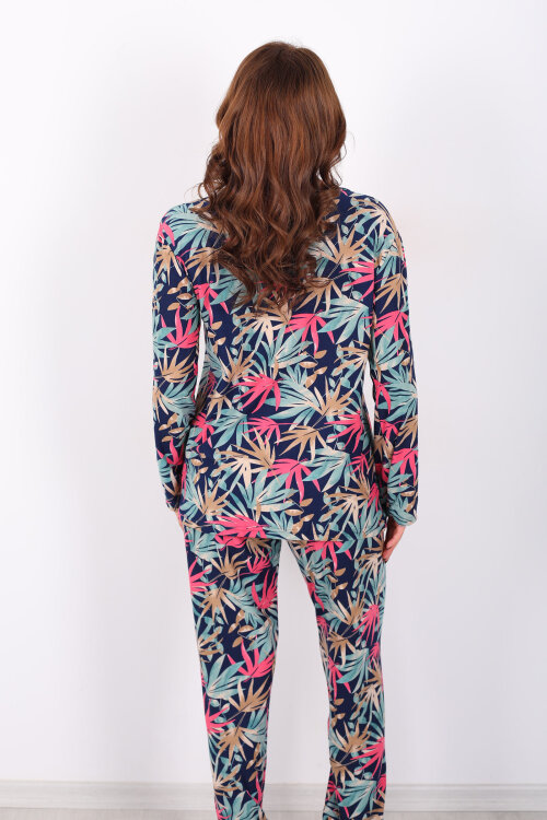 Yaprak Desenli Yeşil Kadın Gömlek Pijama Takım - 5