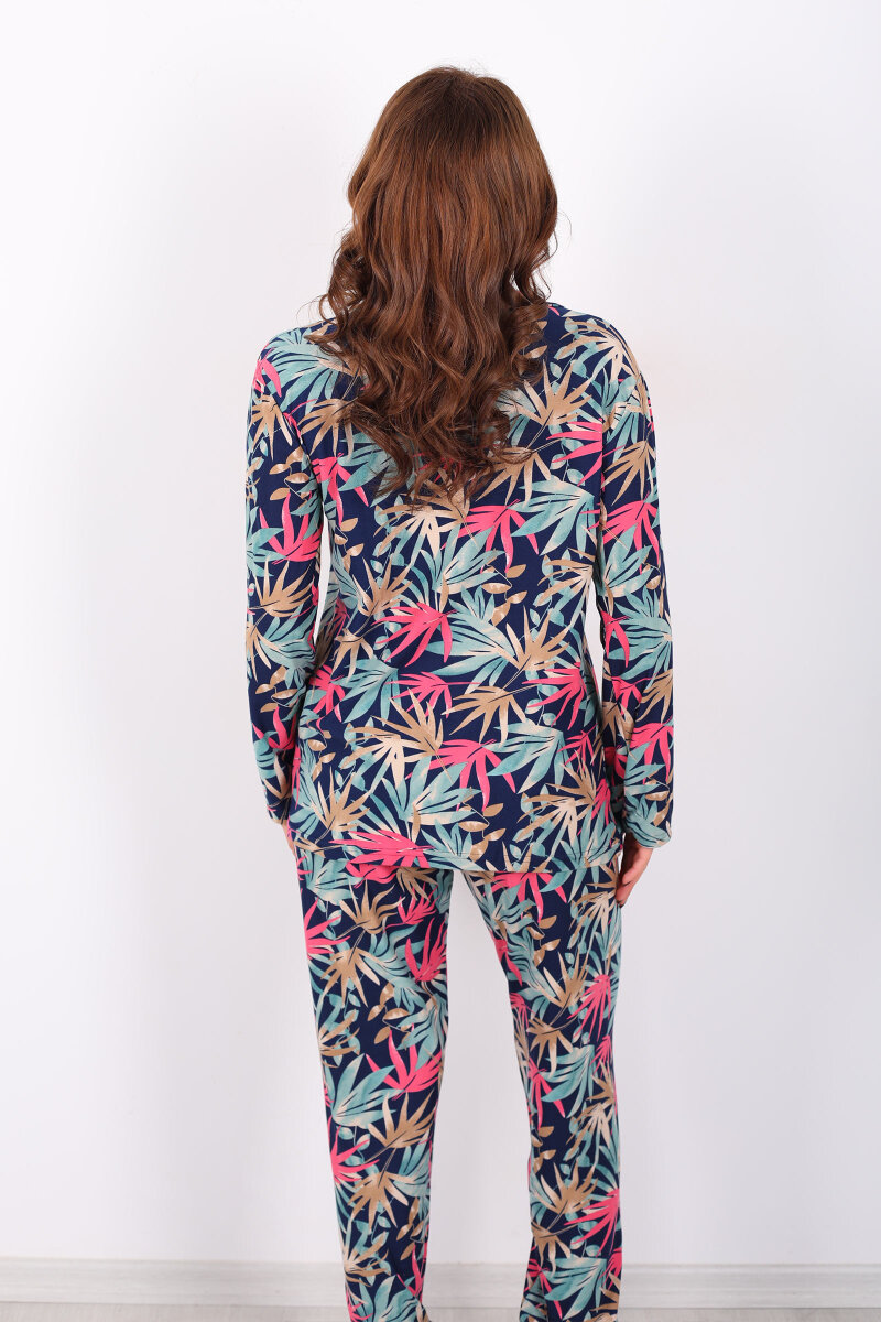 Yaprak Desenli Yeşil Kadın Gömlek Pijama Takım - 5