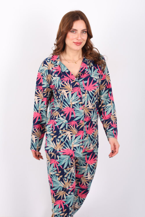 Yaprak Desenli Yeşil Kadın Gömlek Pijama Takım - 4