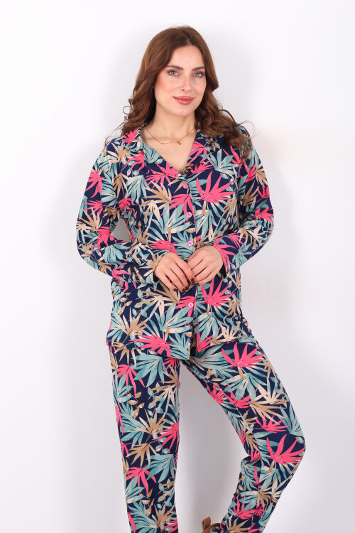 Yaprak Desenli Yeşil Kadın Gömlek Pijama Takım - Berox
