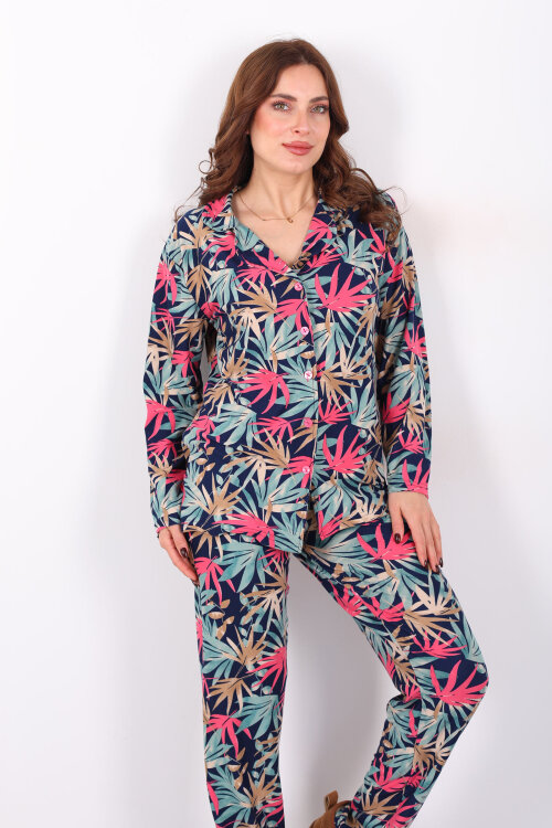 Yaprak Desenli Yeşil Kadın Gömlek Pijama Takım - 6