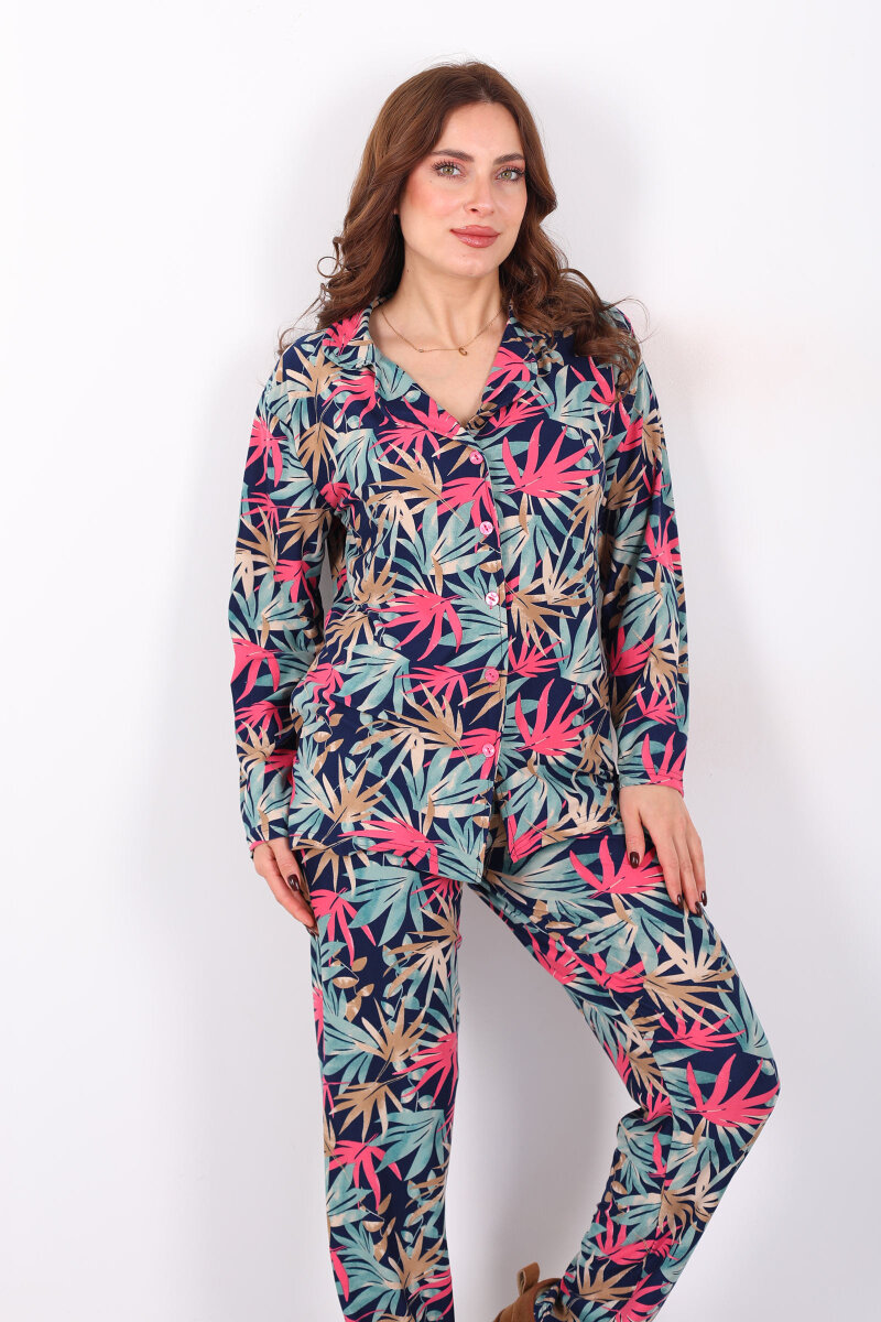 Yaprak Desenli Yeşil Kadın Gömlek Pijama Takım - 6