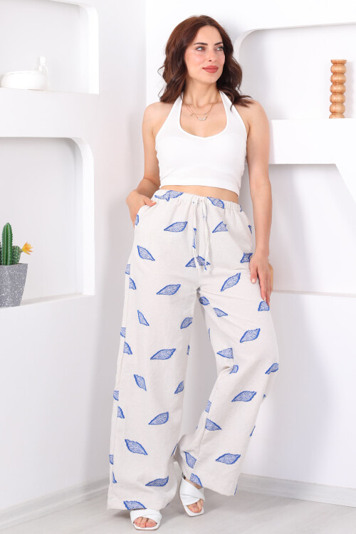 Yaprak Nakışlı Beli Lastikli Mavi Kadın Keten Pantolon - 3