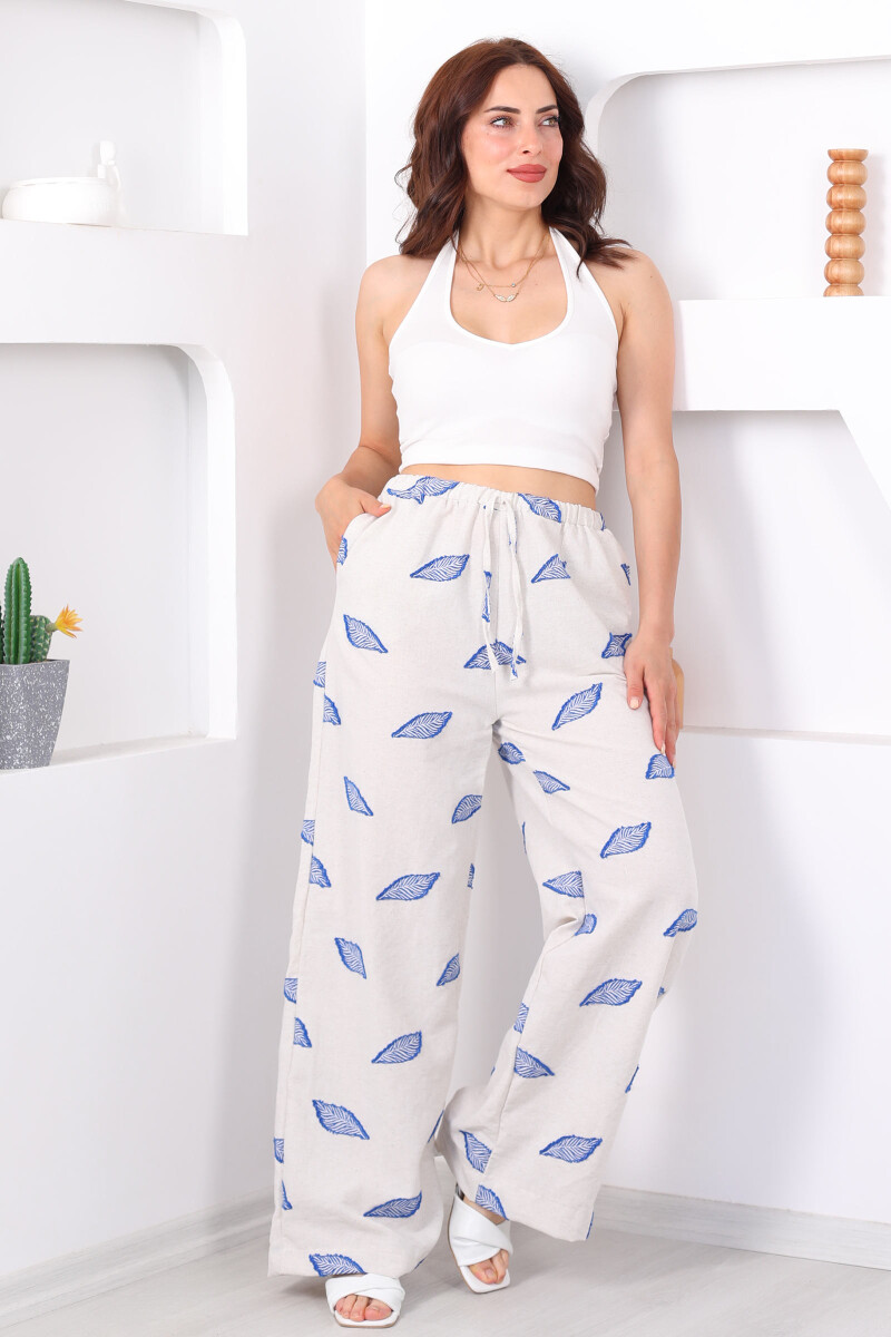 Yaprak Nakışlı Beli Lastikli Mavi Kadın Keten Pantolon - 3