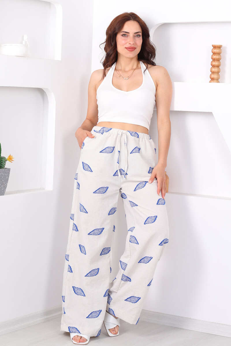 Yaprak Nakışlı Beli Lastikli Mavi Kadın Keten Pantolon - 6