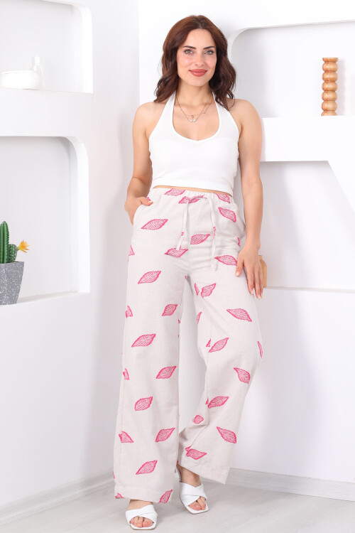 Yaprak Nakışlı Beli Lastikli Pembe Kadın Keten Pantolon - 5