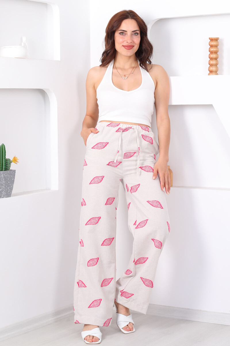 Yaprak Nakışlı Beli Lastikli Pembe Kadın Keten Pantolon - 5