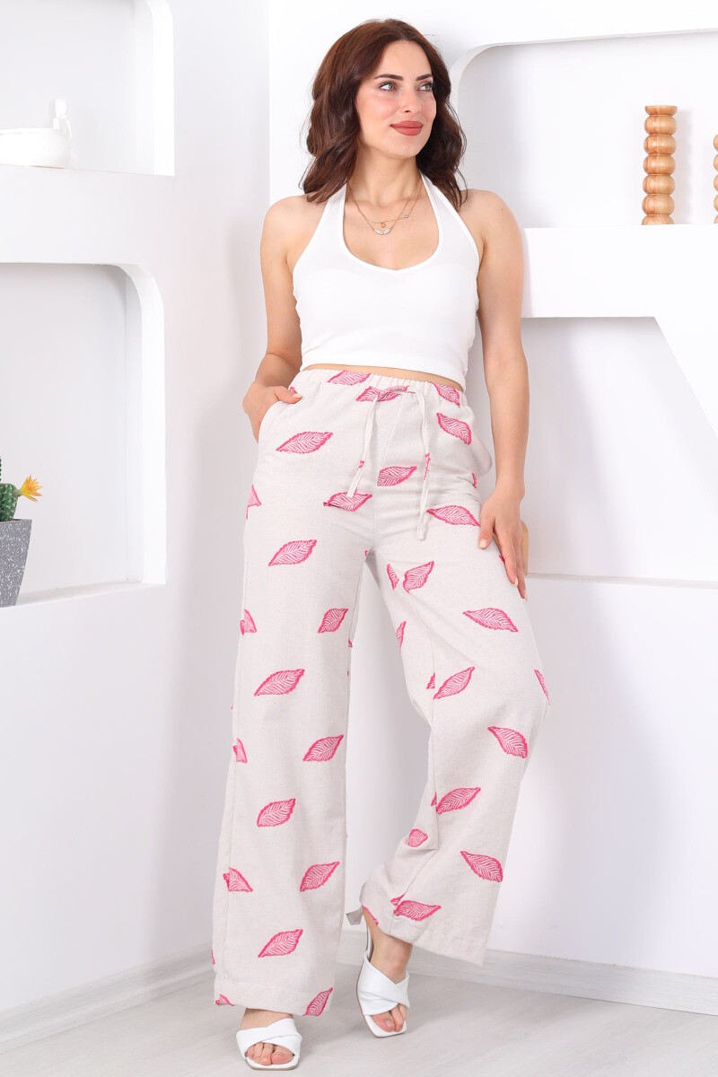 Yaprak Nakışlı Beli Lastikli Pembe Kadın Keten Pantolon - 3