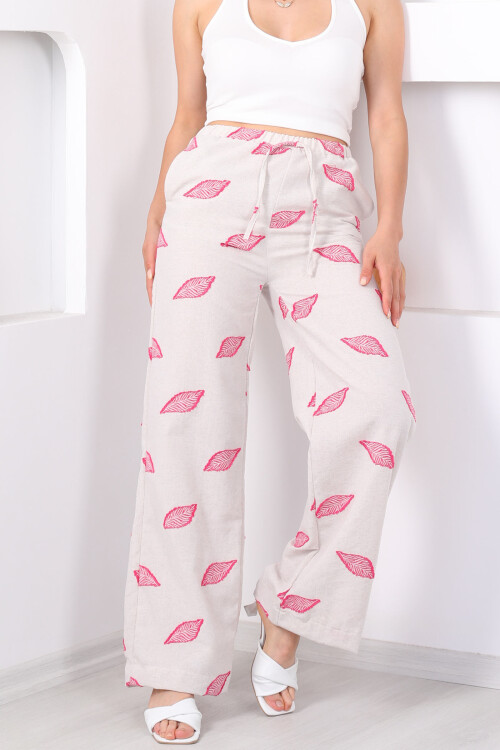 Yaprak Nakışlı Beli Lastikli Pembe Kadın Keten Pantolon - 2