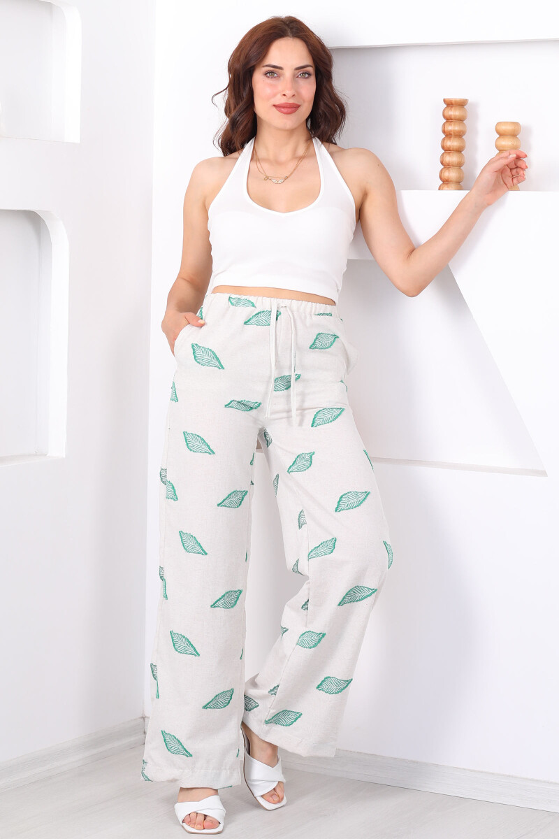 Yaprak Nakışlı Beli Lastikli Yeşil Kadın Keten Pantolon - 1