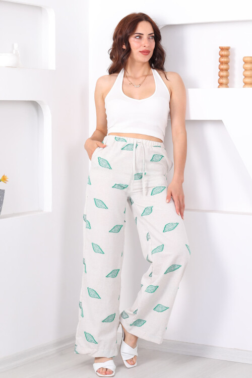Yaprak Nakışlı Beli Lastikli Yeşil Kadın Keten Pantolon - 5