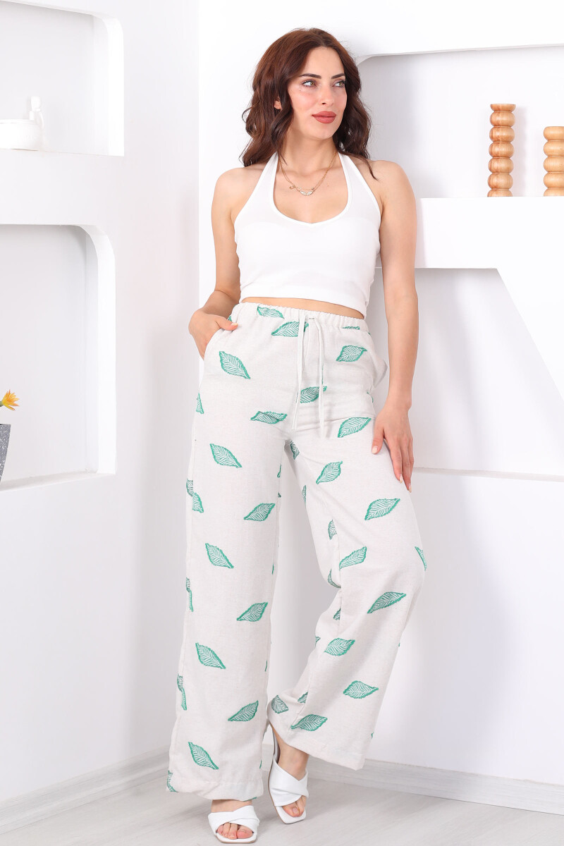 Yaprak Nakışlı Beli Lastikli Yeşil Kadın Keten Pantolon - 5