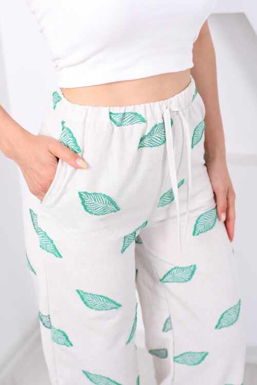 Yaprak Nakışlı Beli Lastikli Yeşil Kadın Keten Pantolon - 2