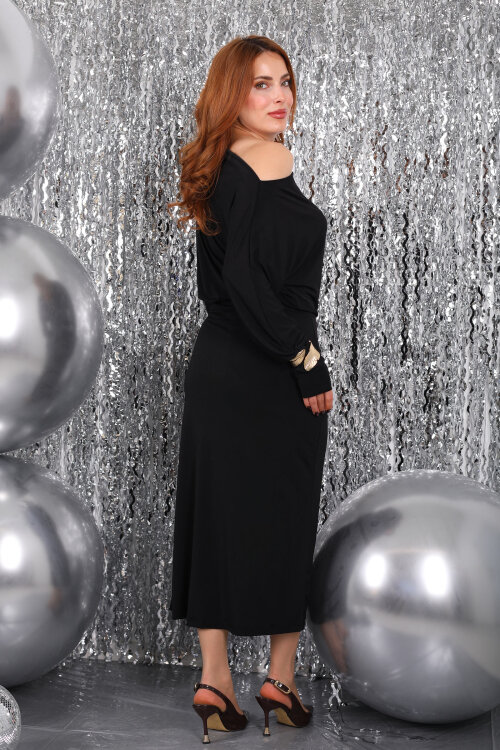 Yarasa Kol Aksesuar Detaylı Yırtmaçlı Siyah Kadın Sandy Elbise - 6