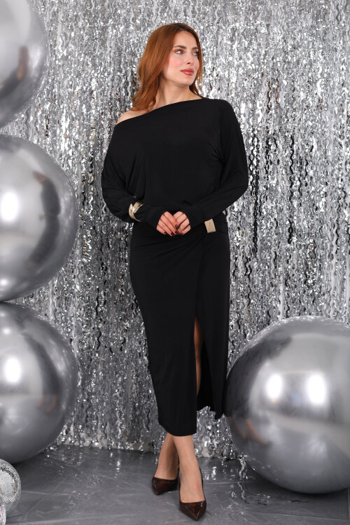 Yarasa Kol Aksesuar Detaylı Yırtmaçlı Siyah Kadın Sandy Elbise - 5