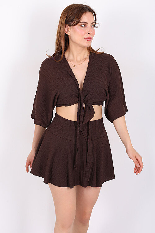 Yarasa Kol Bağlamalı Acı Kahve Kadın Bubble Bluz - 4