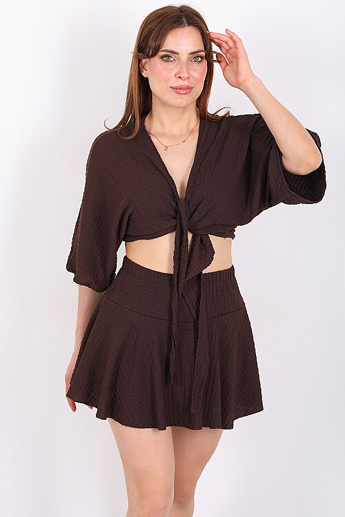 Yarasa Kol Bağlamalı Acı Kahve Kadın Bubble Bluz - Berox