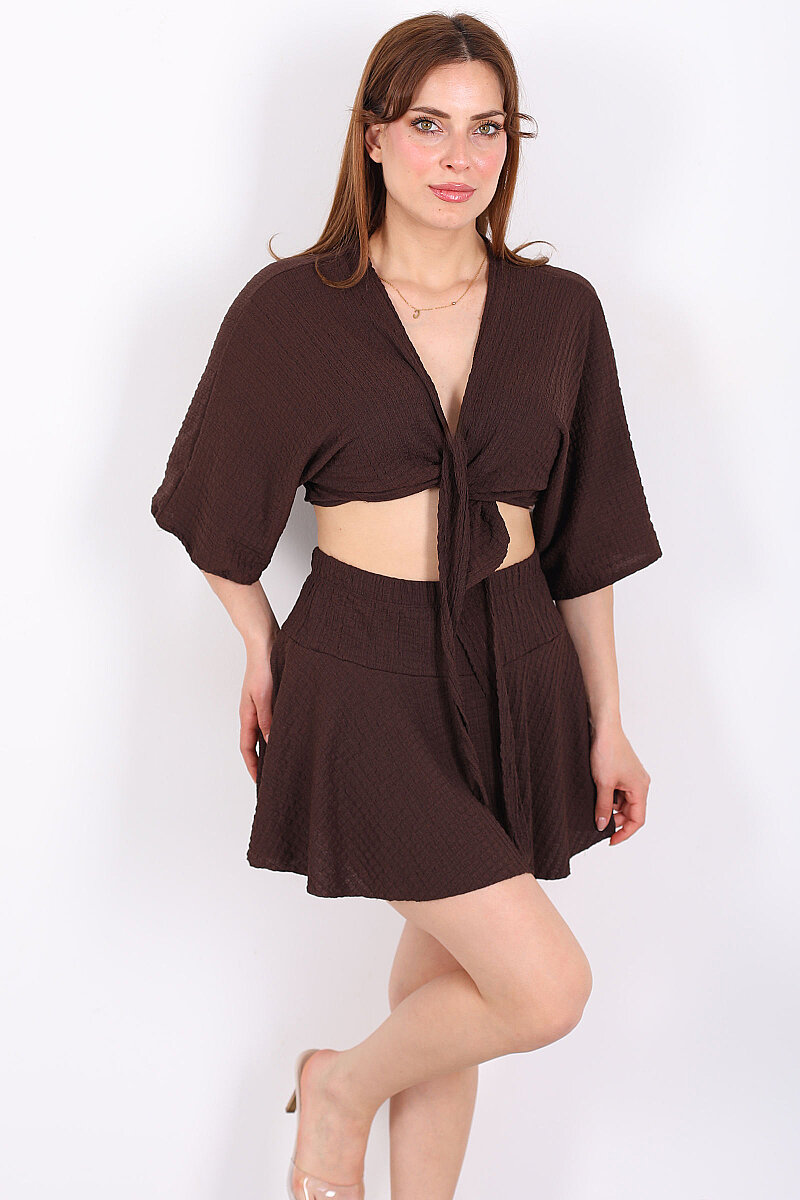 Yarasa Kol Bağlamalı Acı Kahve Kadın Bubble Bluz - 3