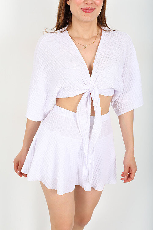 Yarasa Kol Bağlamalı Beyaz Kadın Bubble Bluz - 2