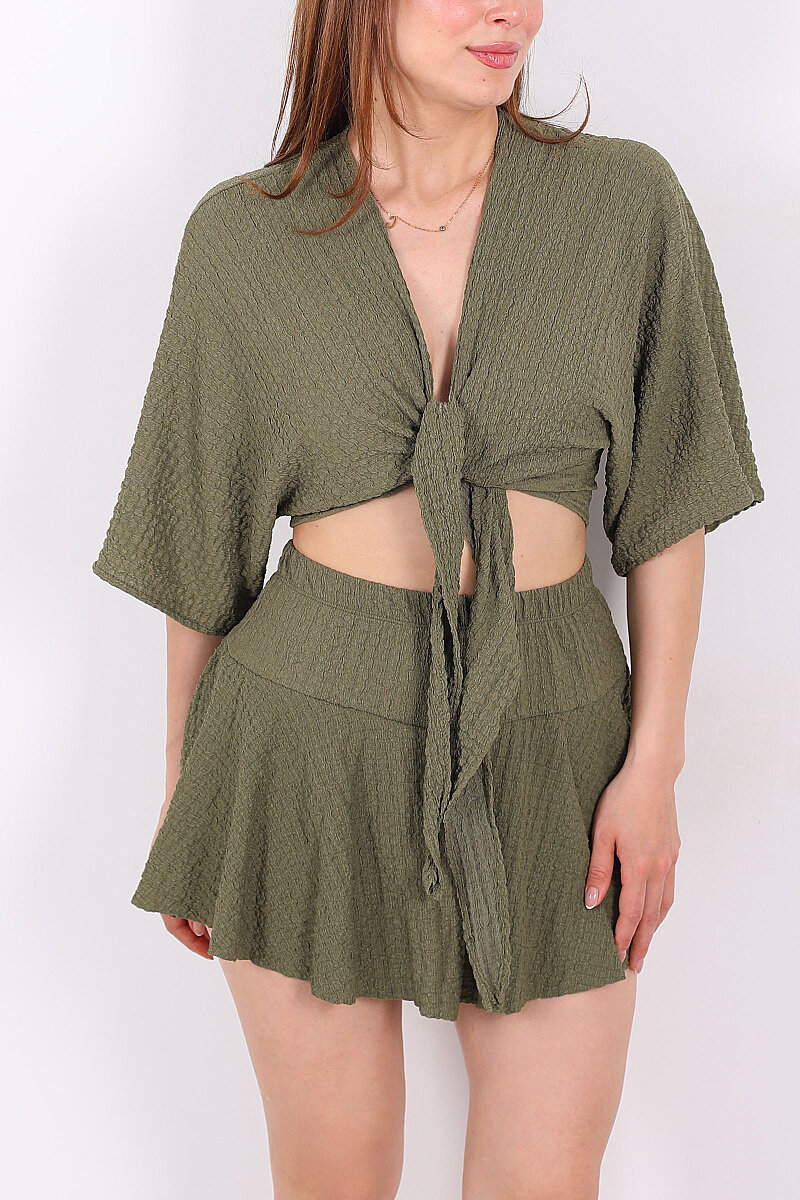 Yarasa Kol Bağlamalı Haki Kadın Bubble Bluz - 2