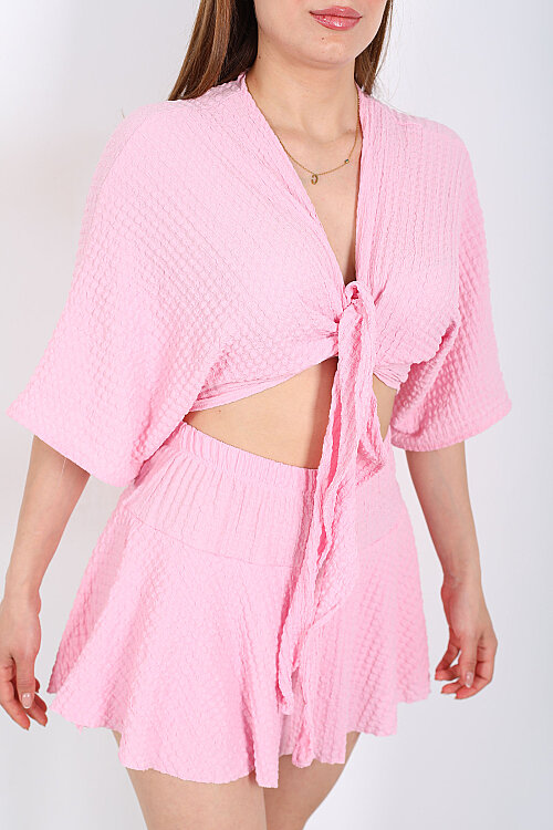 Yarasa Kol Bağlamalı Pembe Kadın Bubble Bluz - Berox (1)