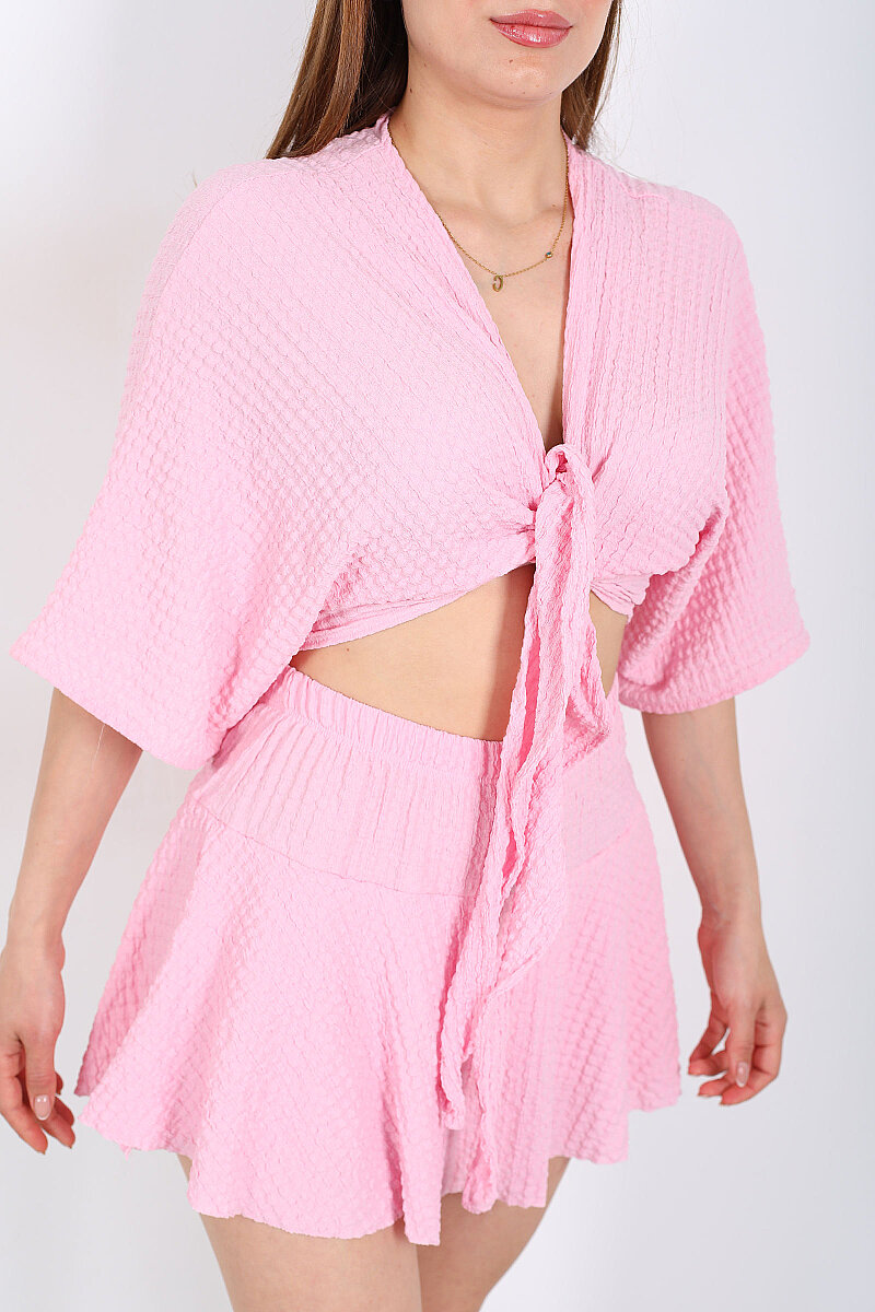 Yarasa Kol Bağlamalı Pembe Kadın Bubble Bluz - 2