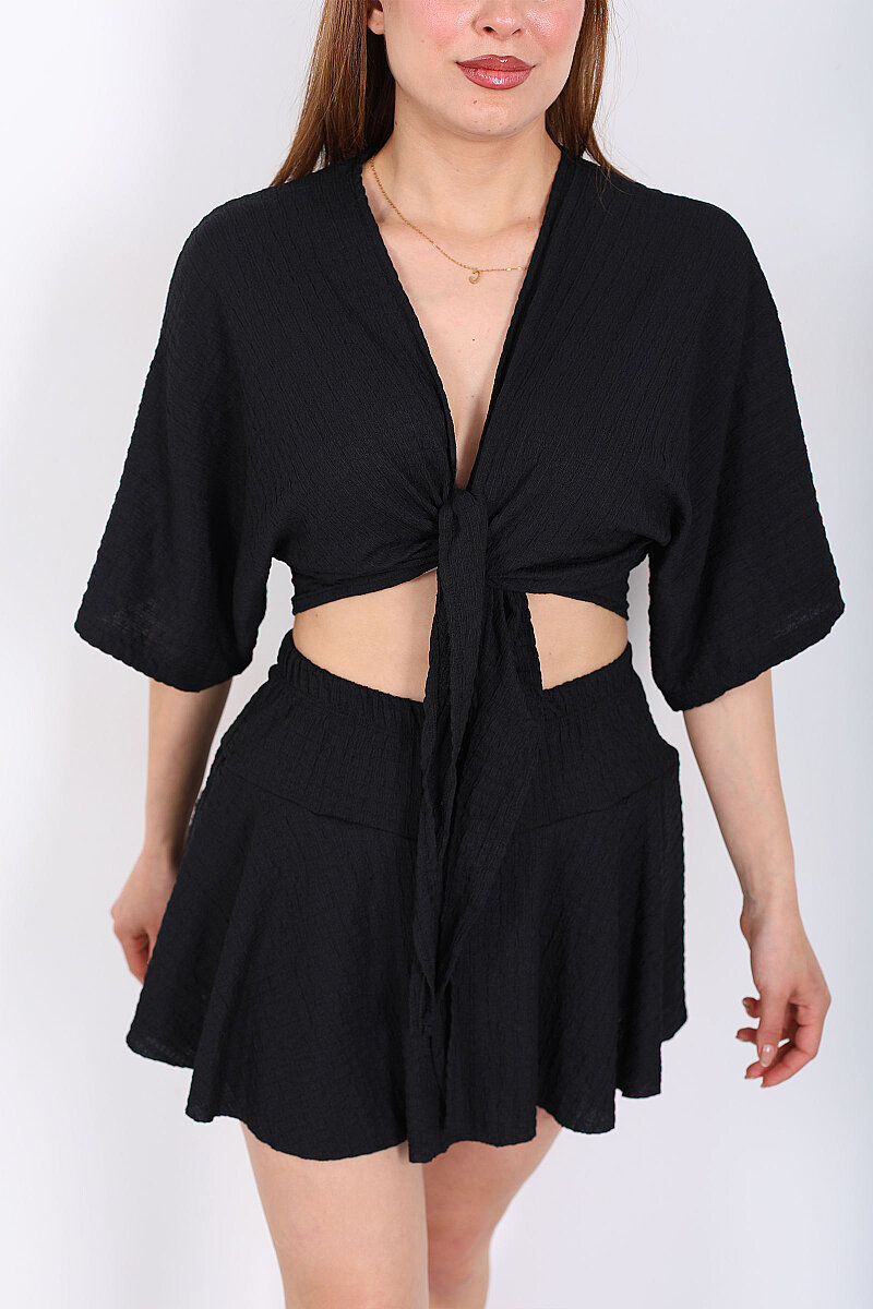 Yarasa Kol Bağlamalı Siyah Kadın Bubble Bluz - 2