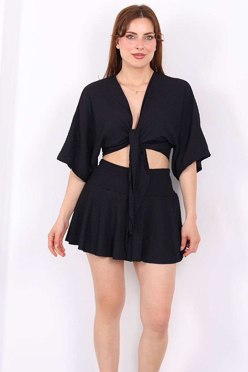 Yarasa Kol Bağlamalı Siyah Kadın Bubble Bluz - 5