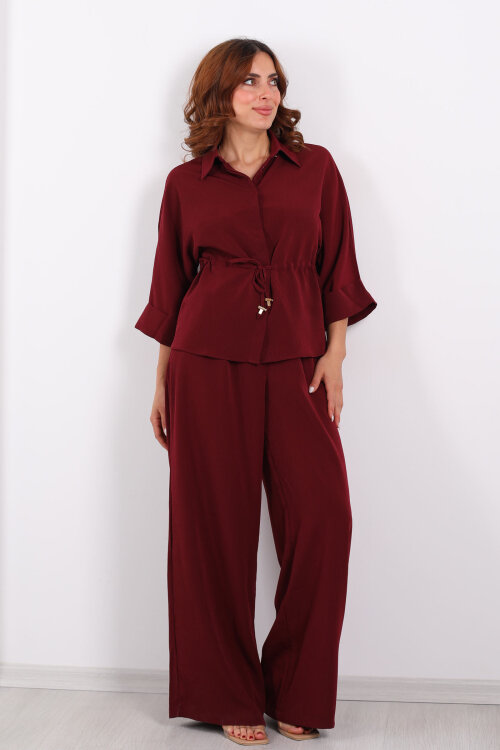 Yarasa Kol Bel Bağcıklı Bordo Kadın Takım - 5