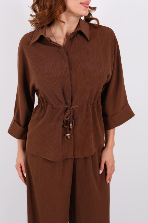 Yarasa Kol Bel Bağcıklı Kahverengi Kadın Takım - Berox (1)