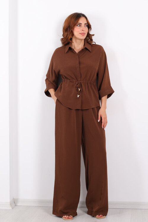 Yarasa Kol Bel Bağcıklı Kahverengi Kadın Takım - 7