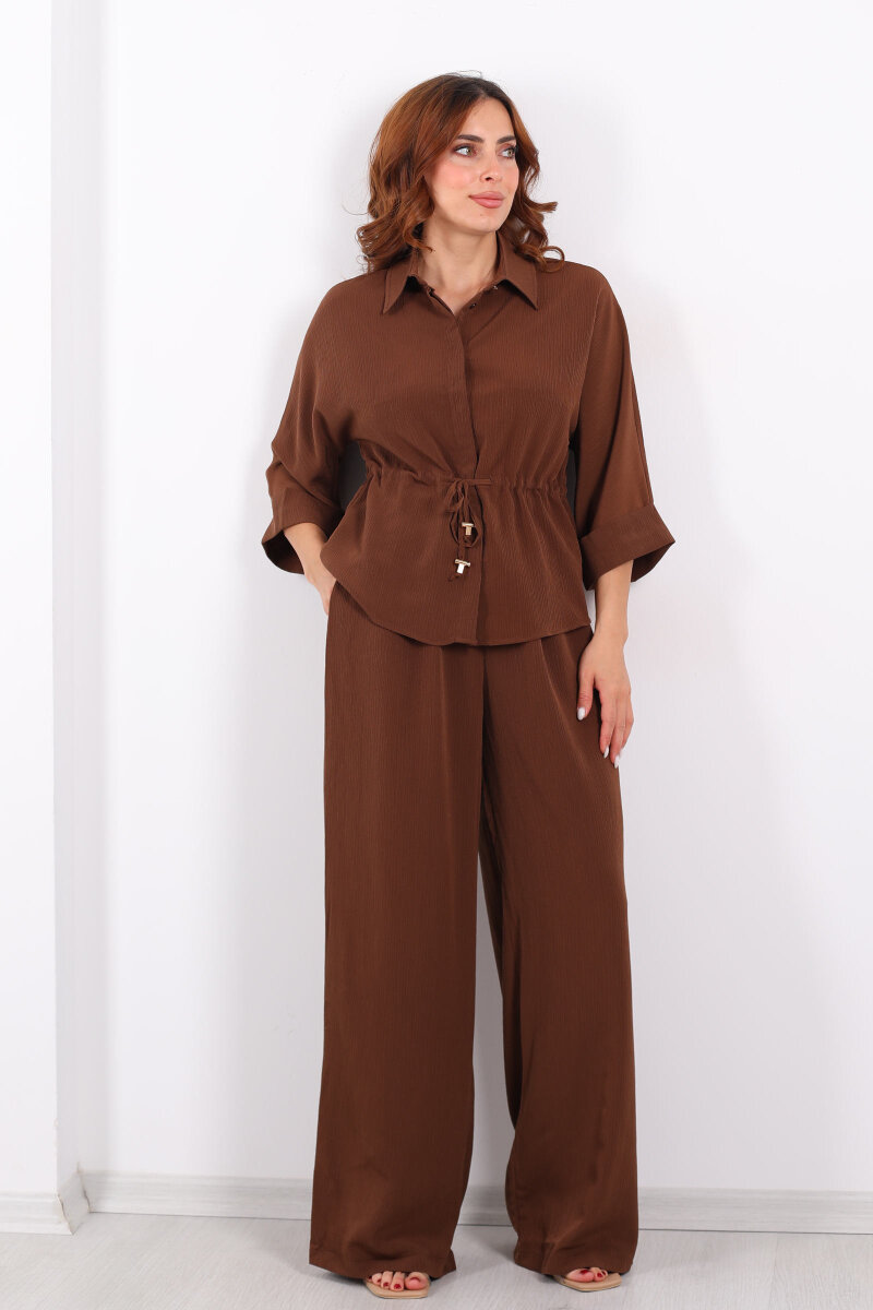 Yarasa Kol Bel Bağcıklı Kahverengi Kadın Takım - 7