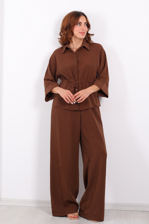 Yarasa Kol Bel Bağcıklı Kahverengi Kadın Takım - 4