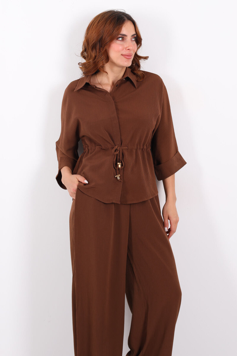 Yarasa Kol Bel Bağcıklı Kahverengi Kadın Takım - 6