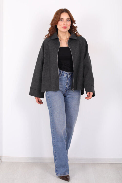 Yarasa Kol Fermuarlı Füme Kadın Kaşe Ceket - 6