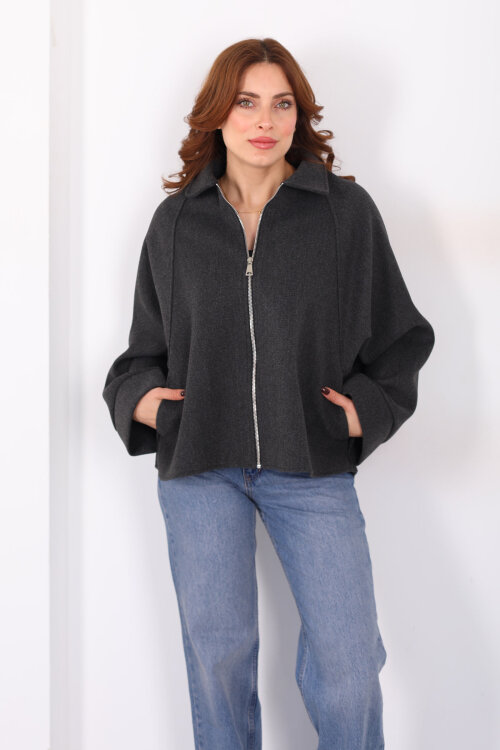 Yarasa Kol Fermuarlı Füme Kadın Kaşe Ceket - 4