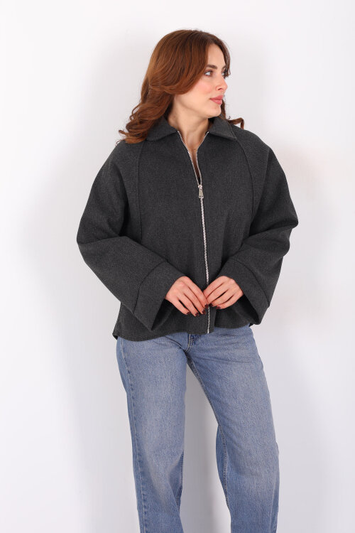 Yarasa Kol Fermuarlı Füme Kadın Kaşe Ceket - Berox