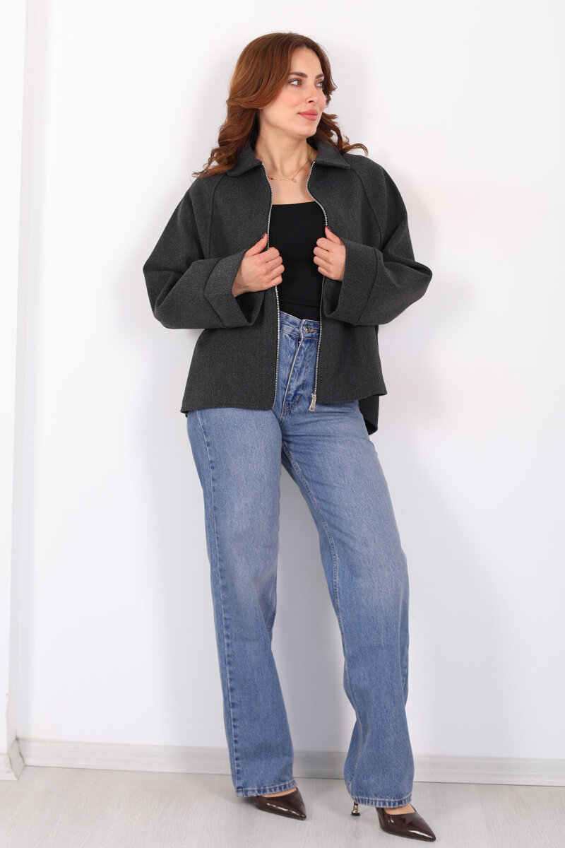 Yarasa Kol Fermuarlı Füme Kadın Kaşe Ceket - 3