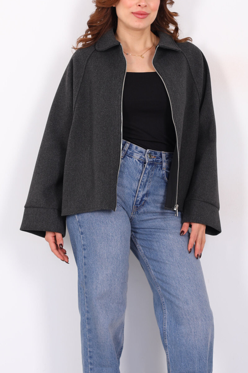 Yarasa Kol Fermuarlı Füme Kadın Kaşe Ceket - 2