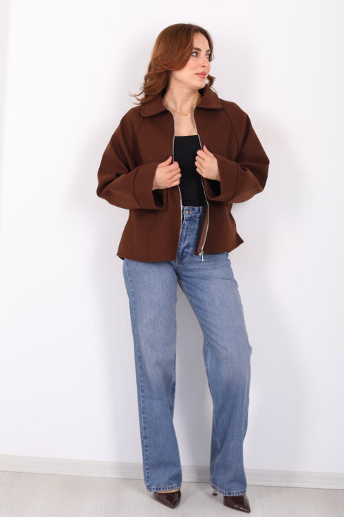 Yarasa Kol Fermuarlı Kahverengi Kadın Kaşe Ceket - Berox
