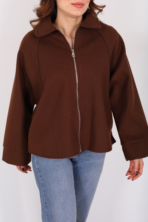 Yarasa Kol Fermuarlı Kahverengi Kadın Kaşe Ceket - Berox (1)