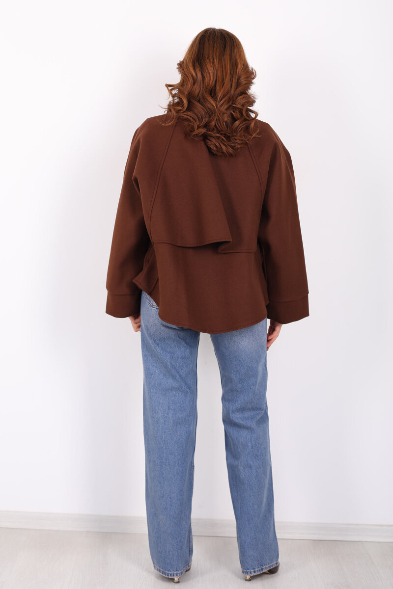Yarasa Kol Fermuarlı Kahverengi Kadın Kaşe Ceket - 5